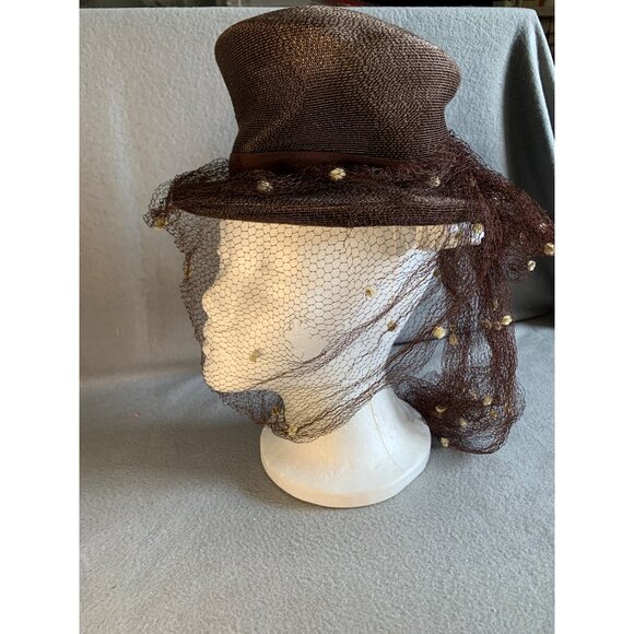 Ladies Brown Hat with netting and Pom Pom accents Sz 22 Vintage